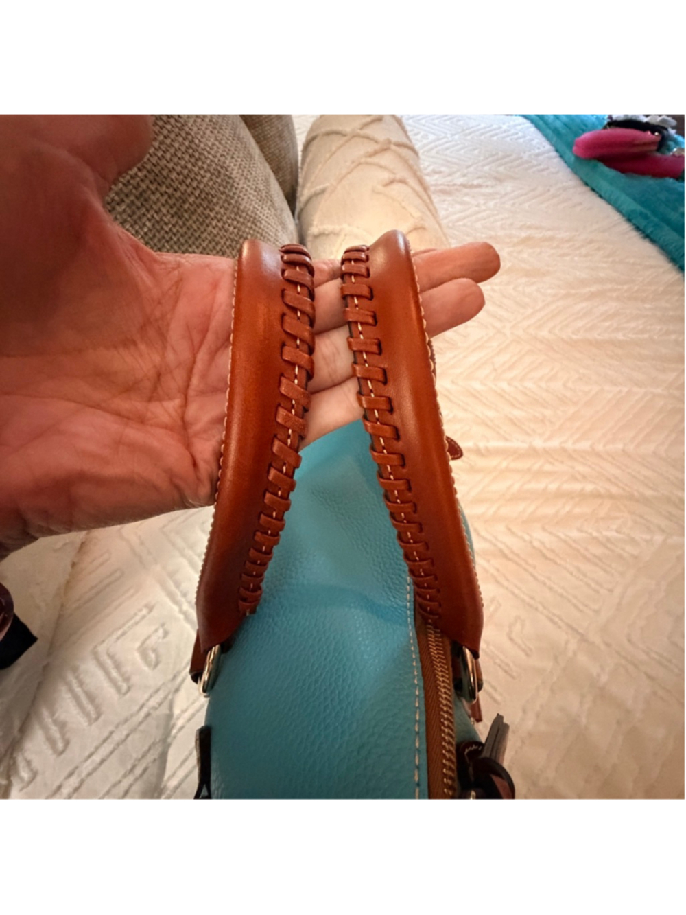 Dooney & Bourke Pebble Leather Large Satchel Sky Blue Brown Tassel Shoulder Bag - Picture 7 of 15